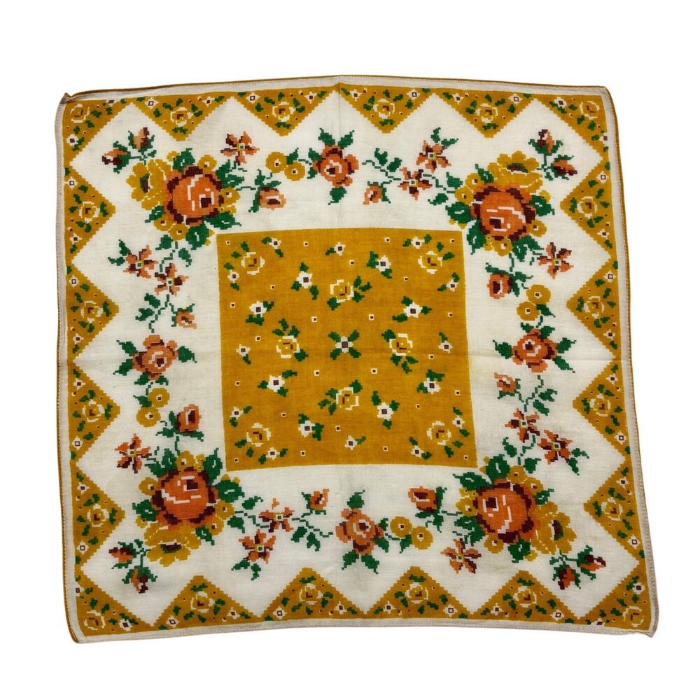 Vintage 1940s Yellow Pixelated Floral Print Cotton Handkerchief Novelty Hanky